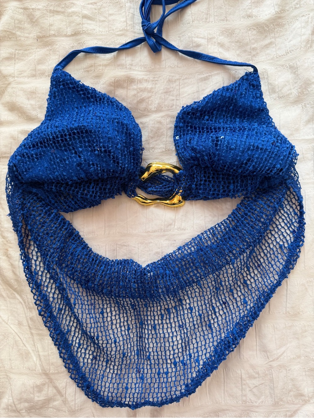 SHEIN Royal Blue Crochet Halter Swim Coverup with Gold Ring